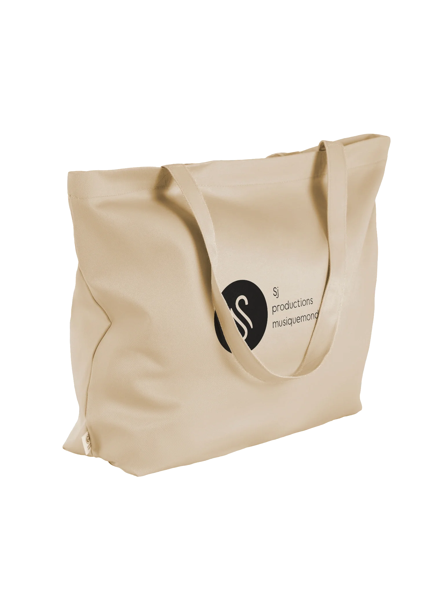A beige tote bag with black logo text, reading 'sj productions musiquemond' and a circular design with the letters 'S' and 'J' on it.