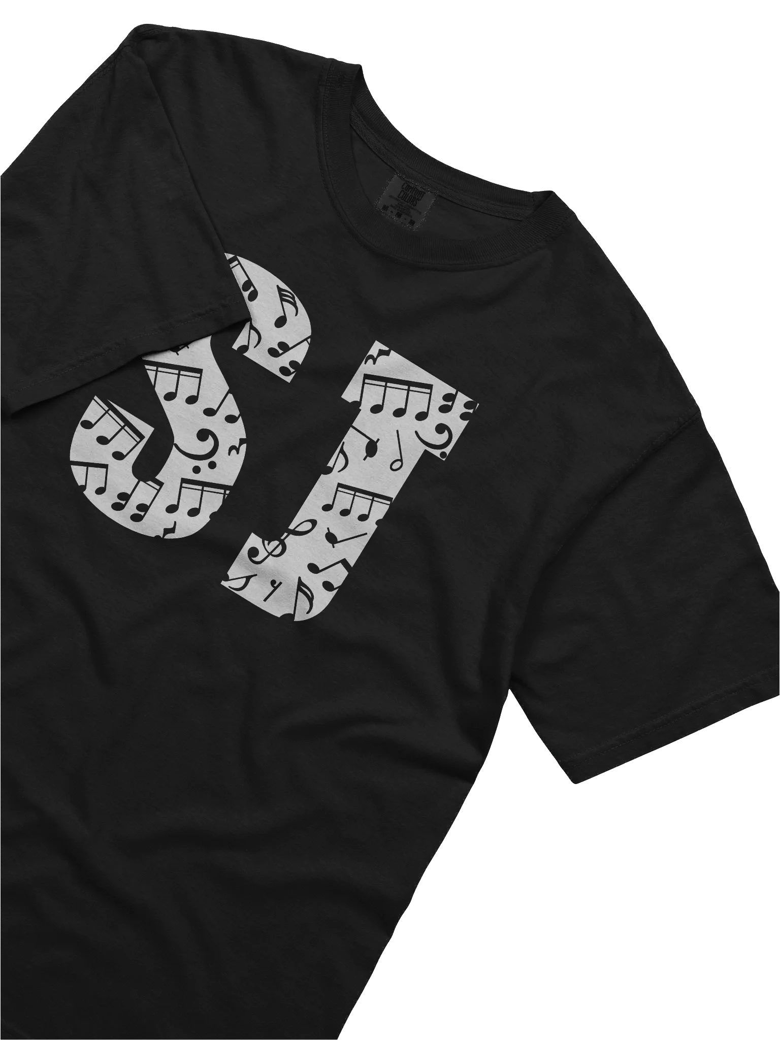 Black T-shirt with a large letters 'SJ' made of musical notes.