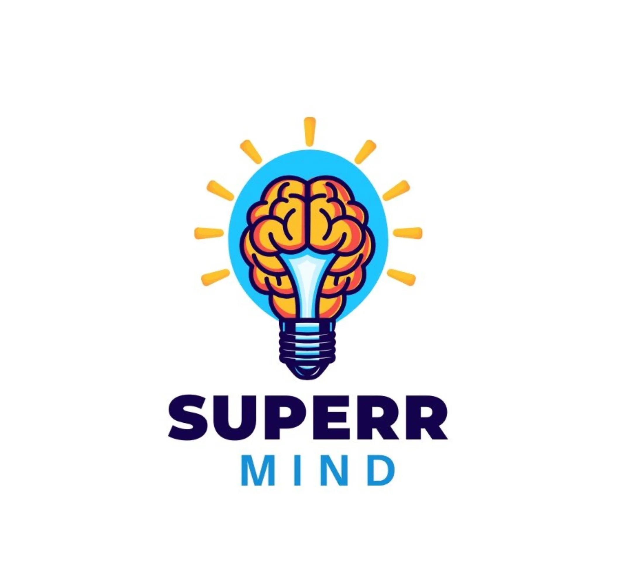 A logo featuring a light bulb with a brain inside and yellow light rays around it, with the text 'SUPERR MIND' below.