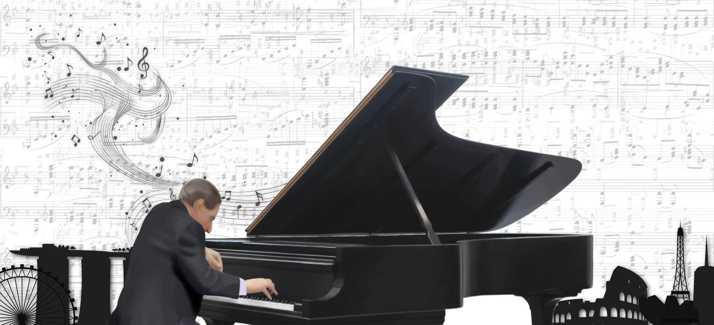 Poster for "Around the World with Tedd Joselson," featuring Singapore skyline. Text includes "episode one: Singapore" and details about Brahms' Piano Concerto No. 1 in D minor, Op. 15. Silhouettes of iconic Singapore landmarks and musical notes in background.