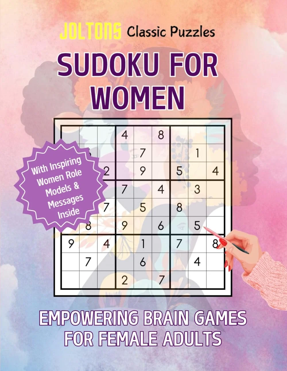 Cover of a puzzle book titled 'Sudoku for Women' with a colorful background, a woman’s hand holding a red pen, and a partially completed sudoku puzzle.