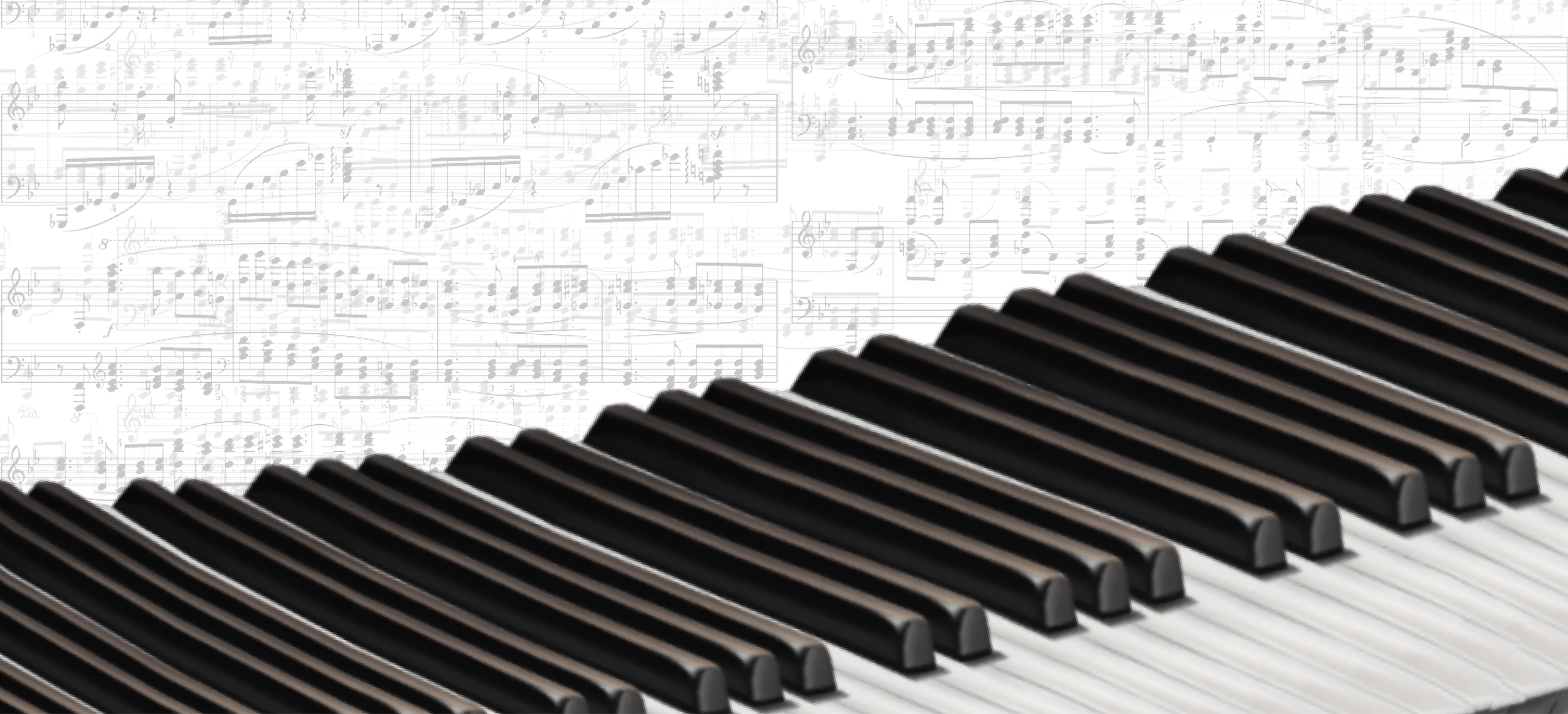 A close-up view of a piano keyboard with black and white keys, overlaid with sheet music in the background.