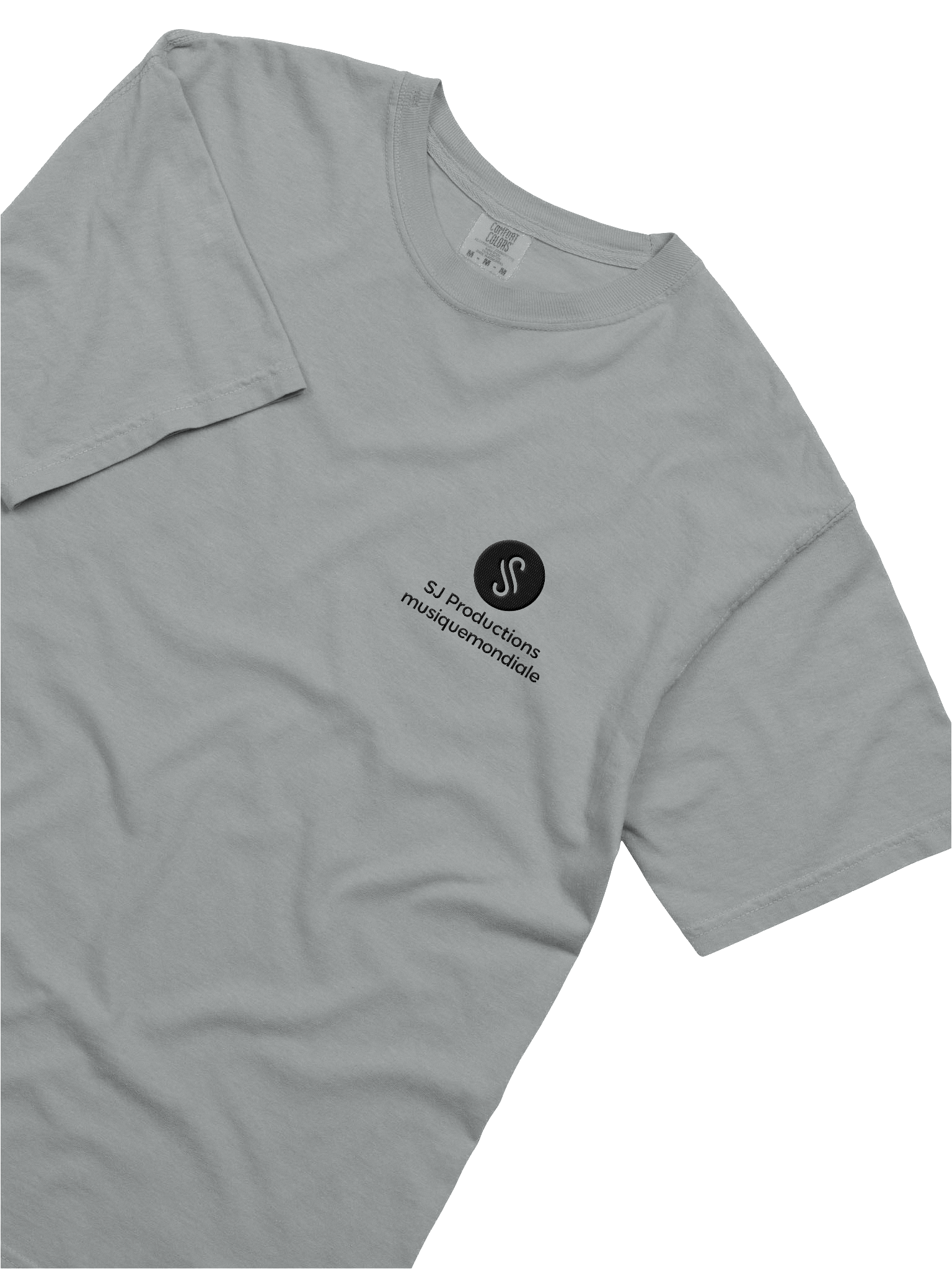 Gray T-shirt with a small black logo and text reading 'SJ Productions musiquemondiale' on the chest.