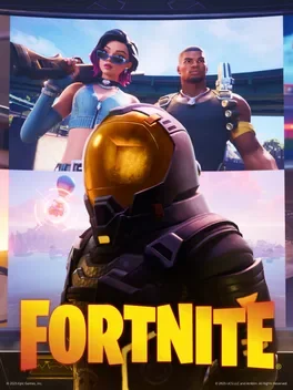 Fortnite game poster featuring two characters, a woman with sunglasses and a man in military attire, with a third character in the foreground wearing a helmet, and the Fortnite logo at the bottom.