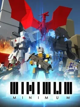 A group of blocky, robotic characters battling a large red dragon with glowing blue energy. The scene is set in a digital, voxel-style environment with explosions and intense action.