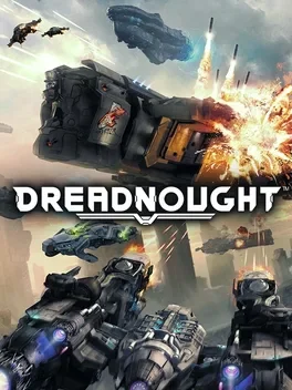 Futuristic video game scene of spaceships in space and armed soldiers in a city, with explosions and a prominent wrecked vehicle labeled 'Dreadnought'
