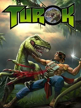 A woman with a stick fighting a large green dinosaur in a lush jungle.