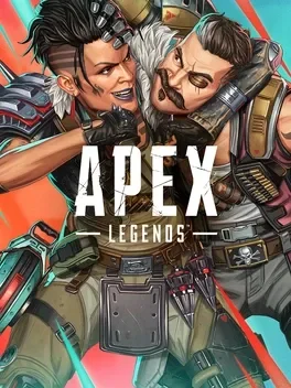 Two characters from Apex Legends: a woman with short black hair and a man with gray hair, both in combat gear, appear to be celebrating or friendly interacting.