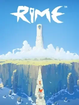 Artwork of a tall tower on an island with a pathway leading down a cliff and boats in the water, titled 'RIME'.