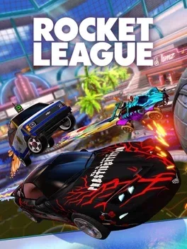 Screenshot from Rocket League showing two cars in a futuristic stadium with bright lights and palm trees, branded with the Rocket League logo at the top.