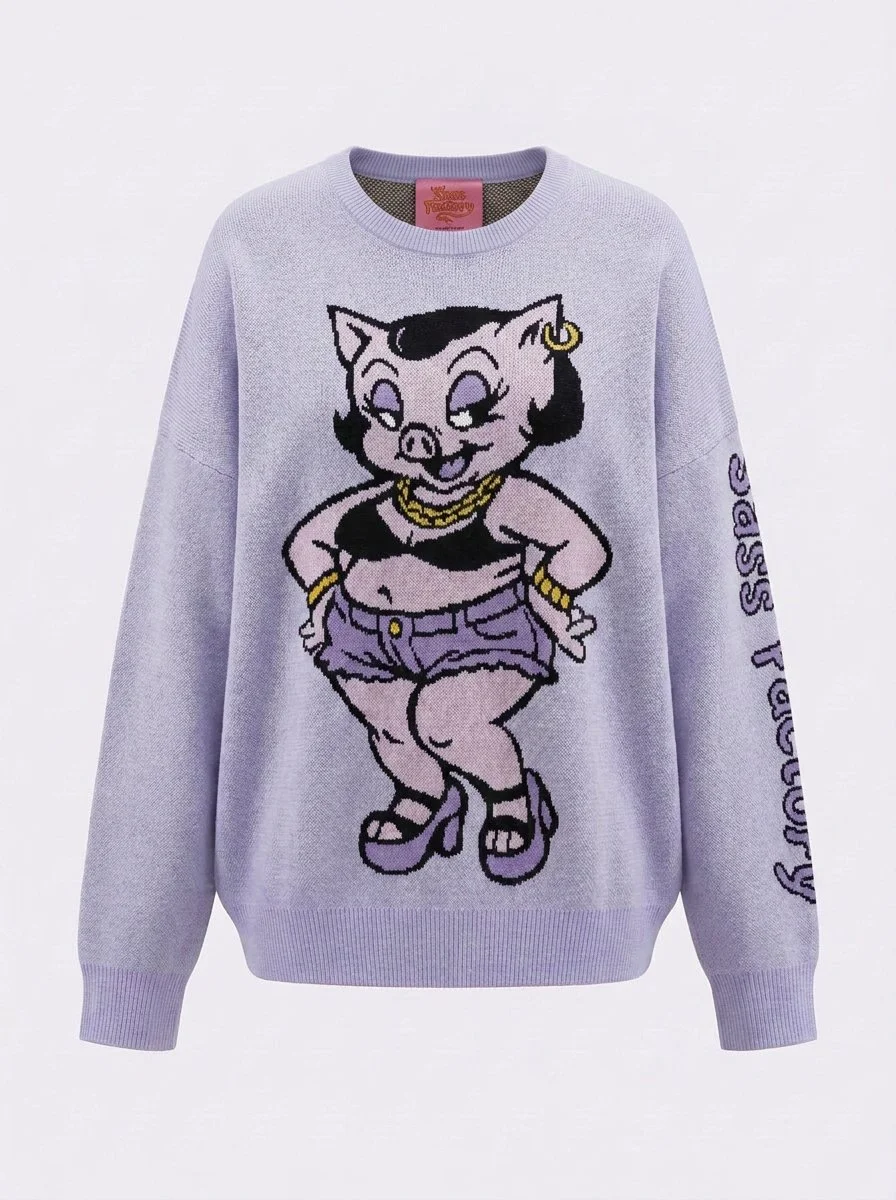 Sassy oversized lavender cotton sweater with drop shoulders, and a sassy cartoon pig on the front. She is wearing daisy dukes, a bikini top, jewelry, and a wig.
