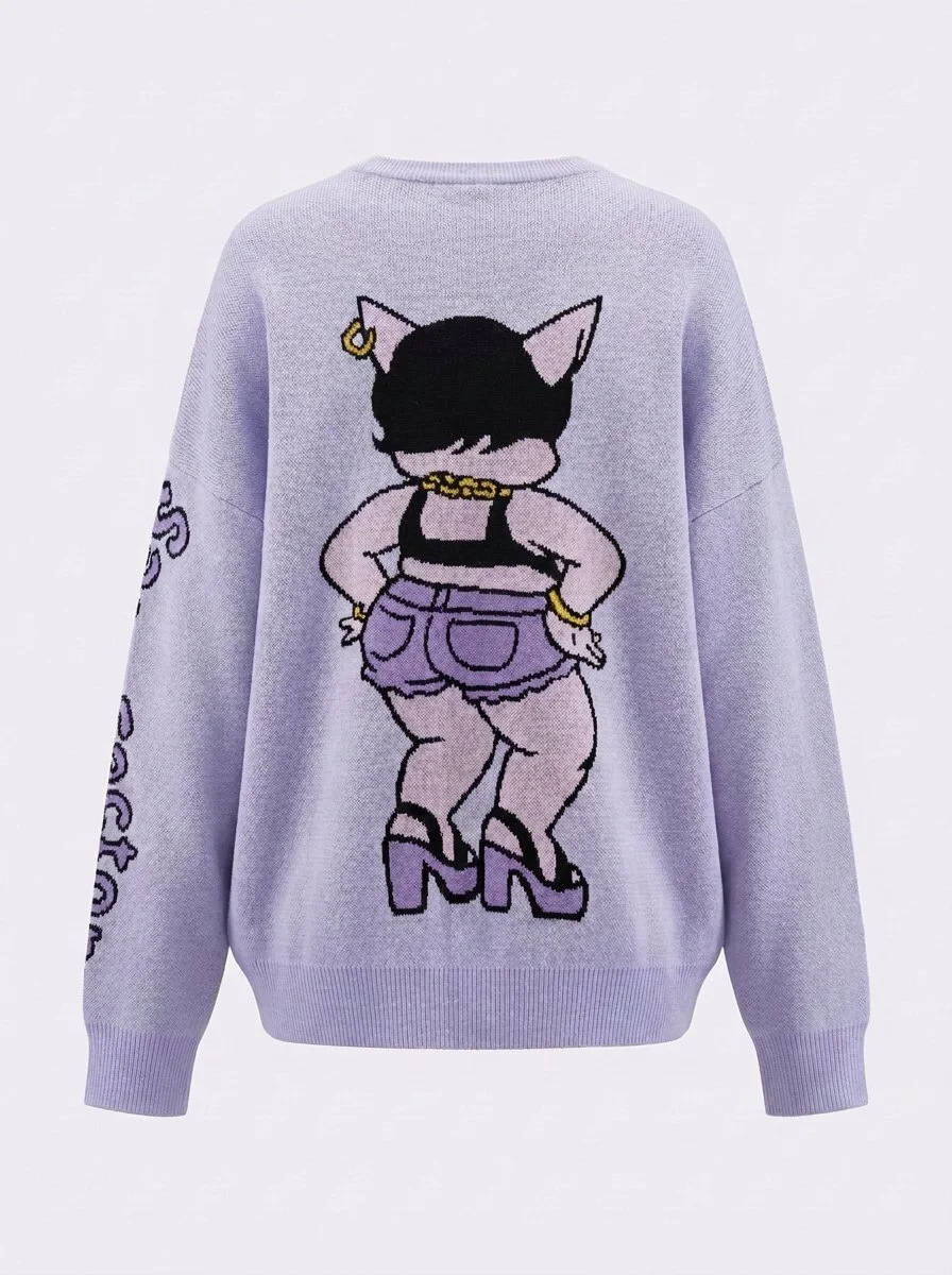 Back of an oversized lavender cotton sweater with drop shoulders, and a the backside view of a  sassy cartoon pig. She is wearing daisy dukes, a bikini top, jewelry, a wig and platform shoes..