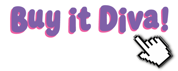 Pink background with purple text that says "Buy it Diva!" and a black and white computer cursor icon.