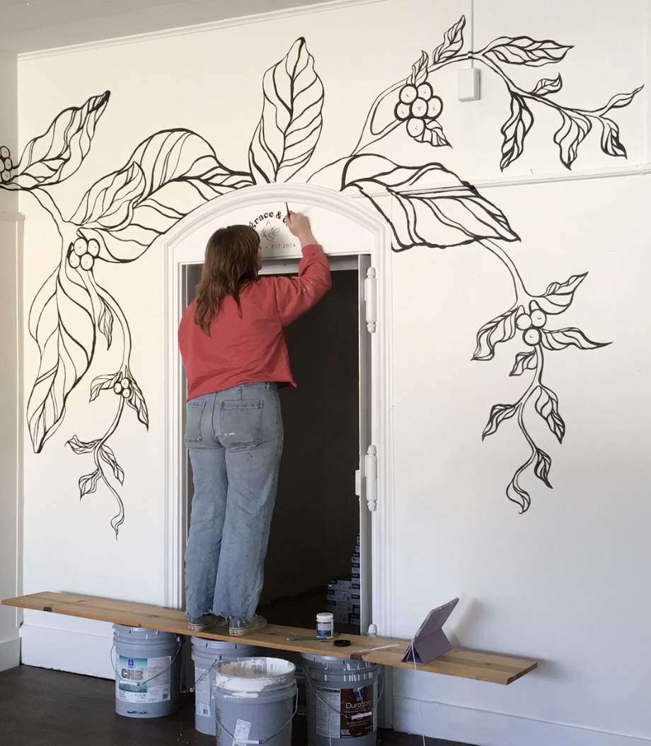Freehand Mural WIP | Grace & Co coffee shop