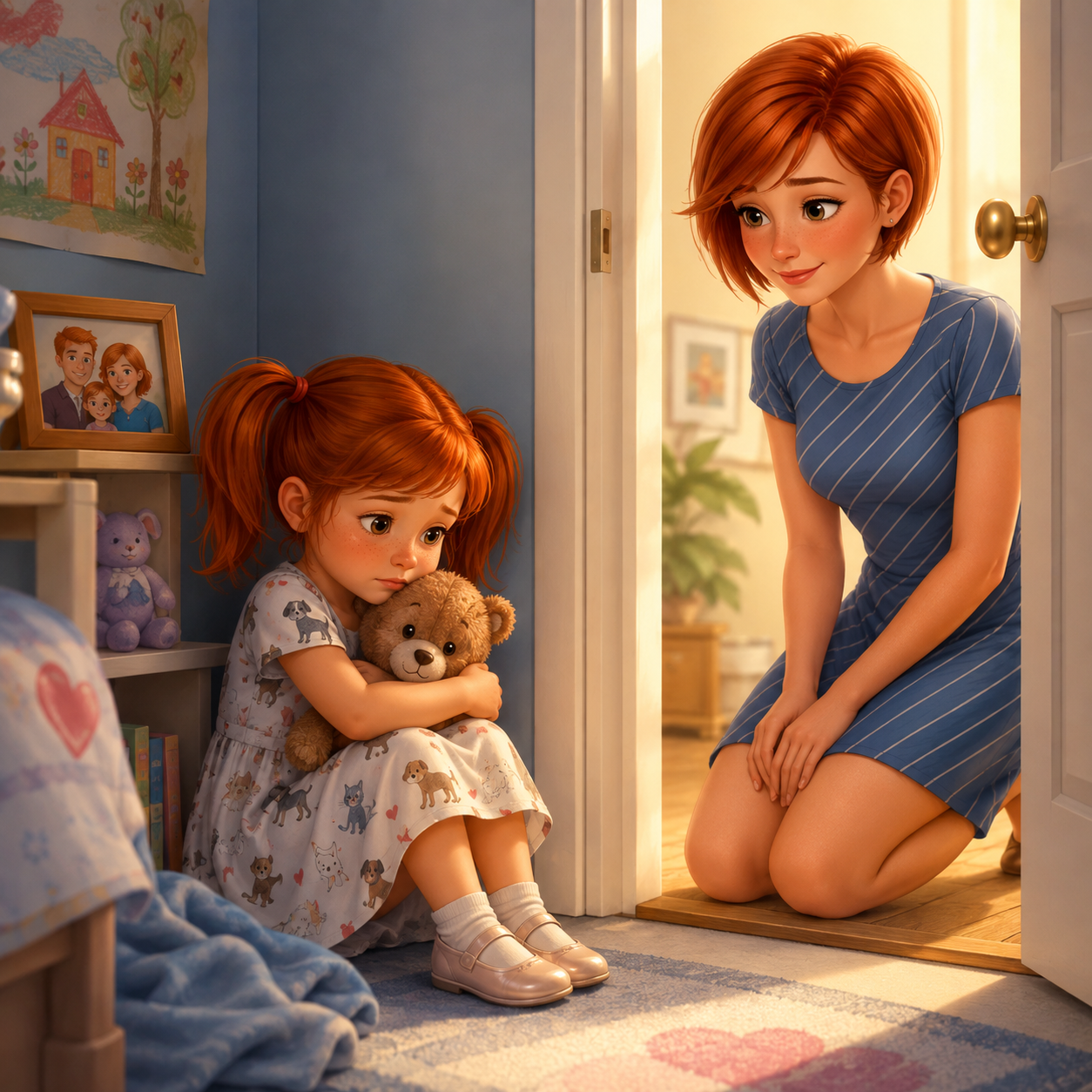 A red-haired girl holding a teddy bear sits safely in a calm bedroom corner while her red-haired mother kneels in the open doorway, offering reassurance without crowding her.
