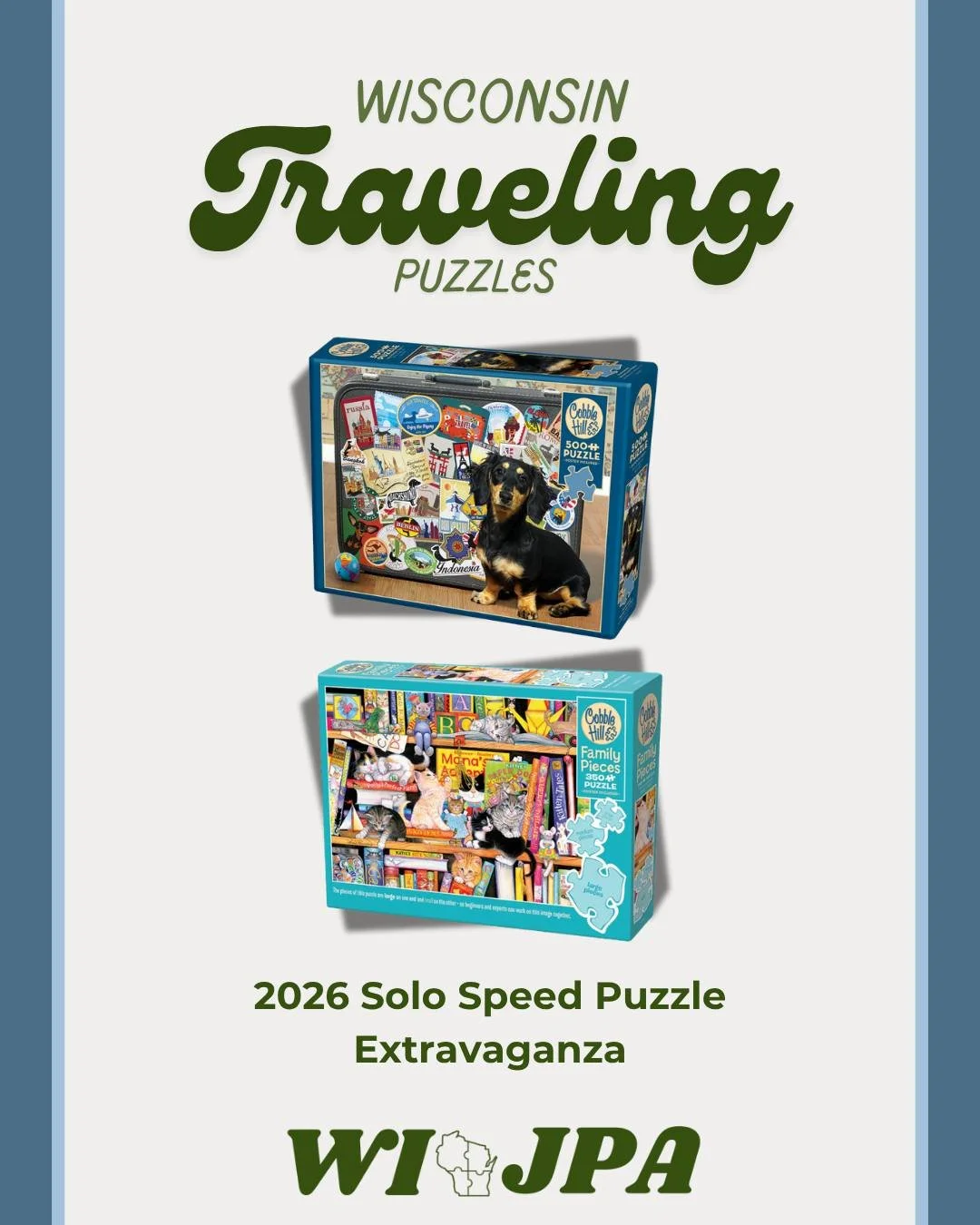 April Wisconsin Traveling Puzzles are here!
This is a free benefit to members of WI-JPA! Good news, if you are signed up for our newsletter you already are a member! If not, sign up at www.wijigsaw.org/newsletter.
Bundles will include puzzles from di