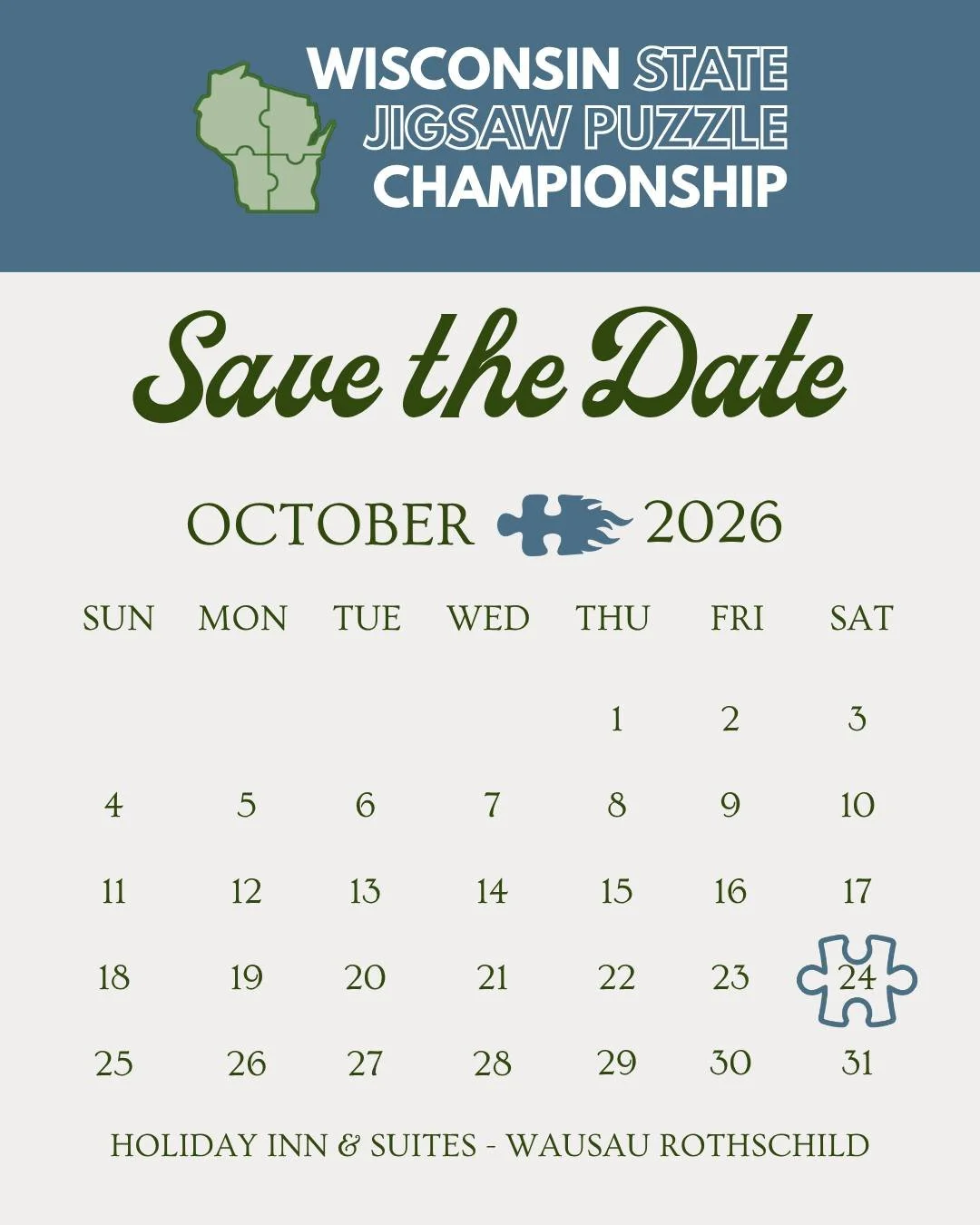 Are you sitting on the edge of your seat waiting to find out where the 2026 Wisconsin State Championship is? 

Wait no longer! We will be at Holiday Inn &amp; Suites Wausau-Rothschild on Saturday, October 24th 2026! We are so excited to see so many o