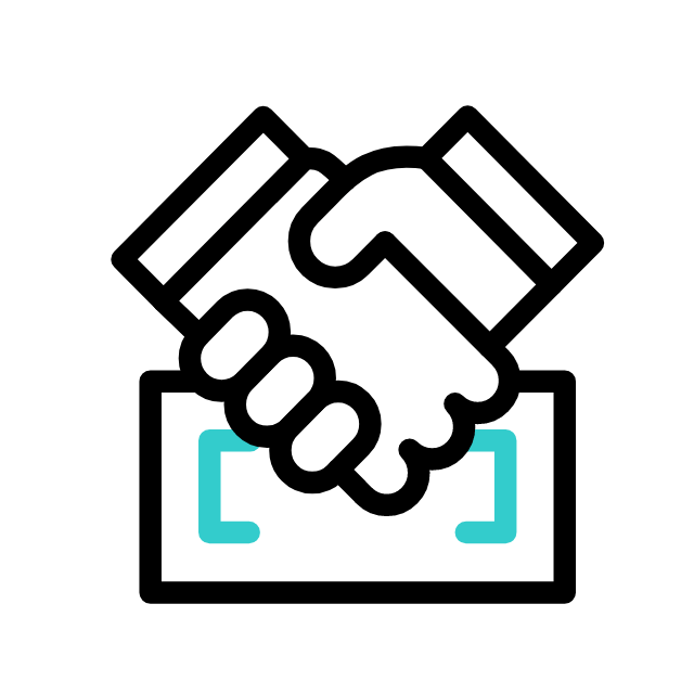 Icon of a handshake inside a box with blue brackets on the sides, symbolizing agreement or partnership.