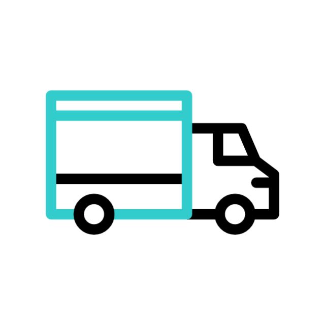 Icon of a delivery truck with a black outline and turquoise cargo area on a white background.