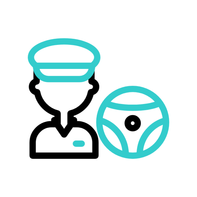 Icon of a driver wearing a cap next to a steering wheel.