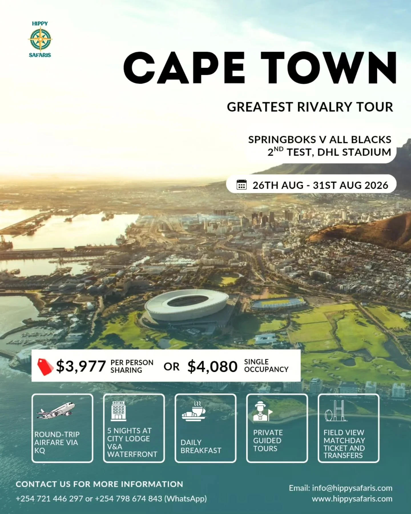 Kenya rugby fans! In the month of August, we're delighted to bring you a chance to travel down and witness the Springboks take on the all blacks live from Johannesburg or Cape Town 

Each package is inclusive of a field view Matchday ticket, accommod