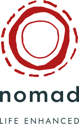 A stylized red circular design with dashed and solid lines, resembling a target or ripple effect, with the word 'nomad' below in lowercase letters and the tagline 'LIFE ENHANCED' underneath.
