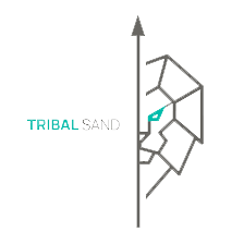 Logo with stylized geometric shapes and the text 'TRIBAL SAND' in black and turquoise