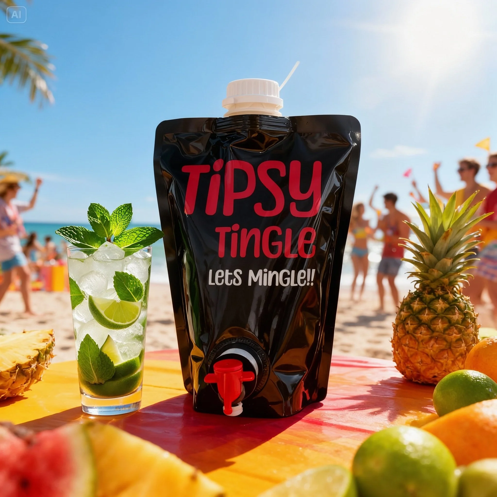 A black beverage pouch labeled 'Tipsy Tingle Let's Mingle!!' on a colorful table at the beach. Surrounding the pouch are a pineapple, limes, and a glass of lime and mint-infused drink. In the background, people are enjoying a sunny day at the beach with some raising their arms in the air.