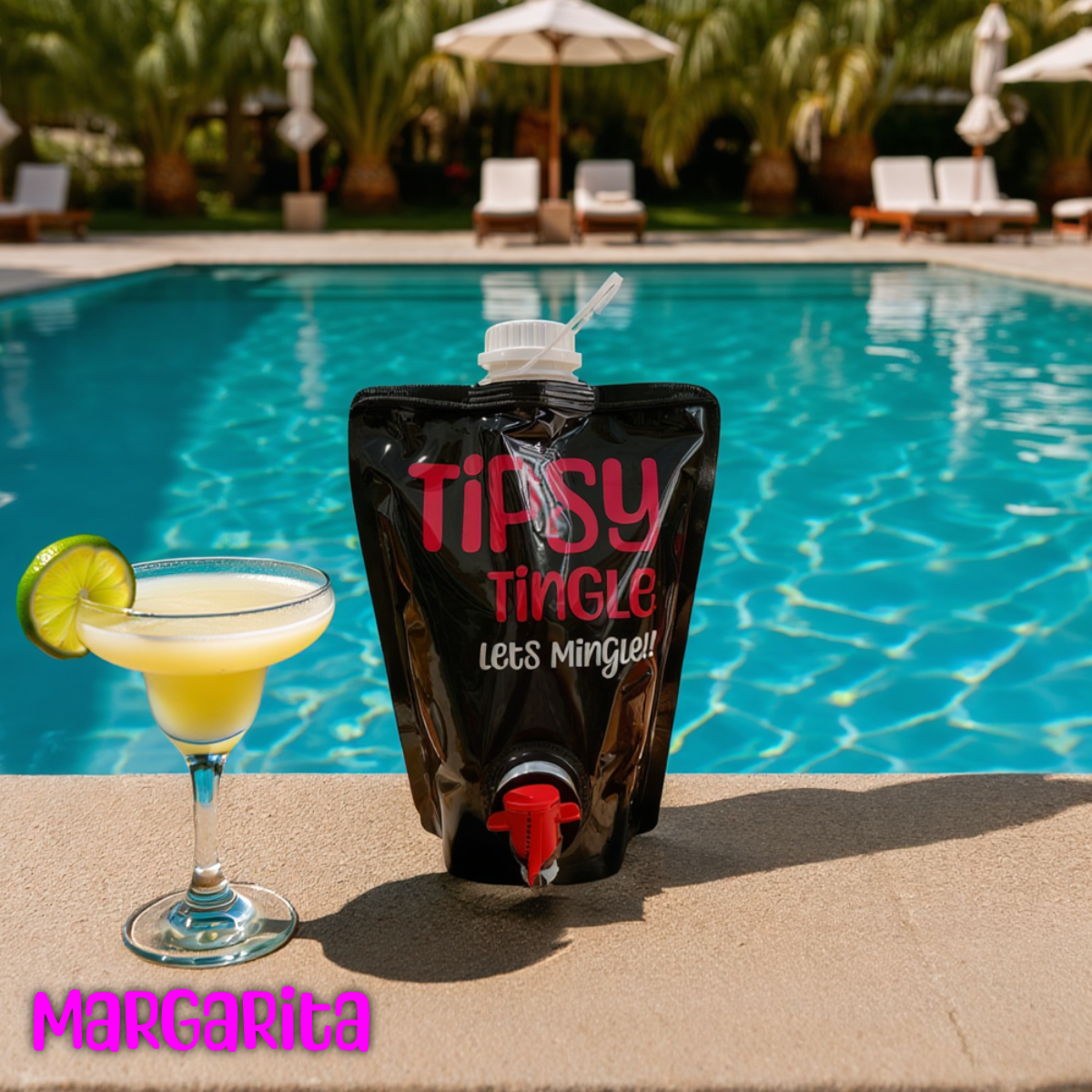 A poolside scene featuring a cocktail glass with a yellow drink, garnished with a lime slice, next to a black drink pouch labeled "Tipsy Tinge" with the slogan "Let's Mingle!!" and a mixing straw, overlooking a swimming pool with lounge chairs and umbrellas in the background.