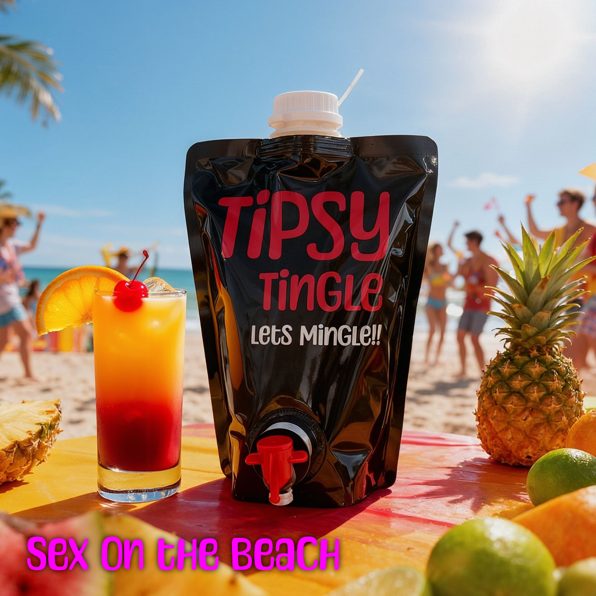 A black beverage pouch labeled "TIPSY TINGLE Lets Mingle!!" placed on a beachside table surrounded by tropical fruits like pineapple and lime, with a colorful cocktail beverage garnished with a cherry and orange slice, and people dancing in the background under a bright blue sky.