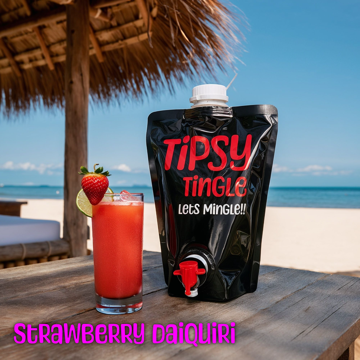 A refreshing strawberry daiquiri drink garnished with a strawberry and lime wedge, placed on a wooden table at the beach with a thatched umbrella and ocean in the background. A black beverage pouch labeled 'Tipsy Tingle Let's Mingle!!' is on the table with a spout.