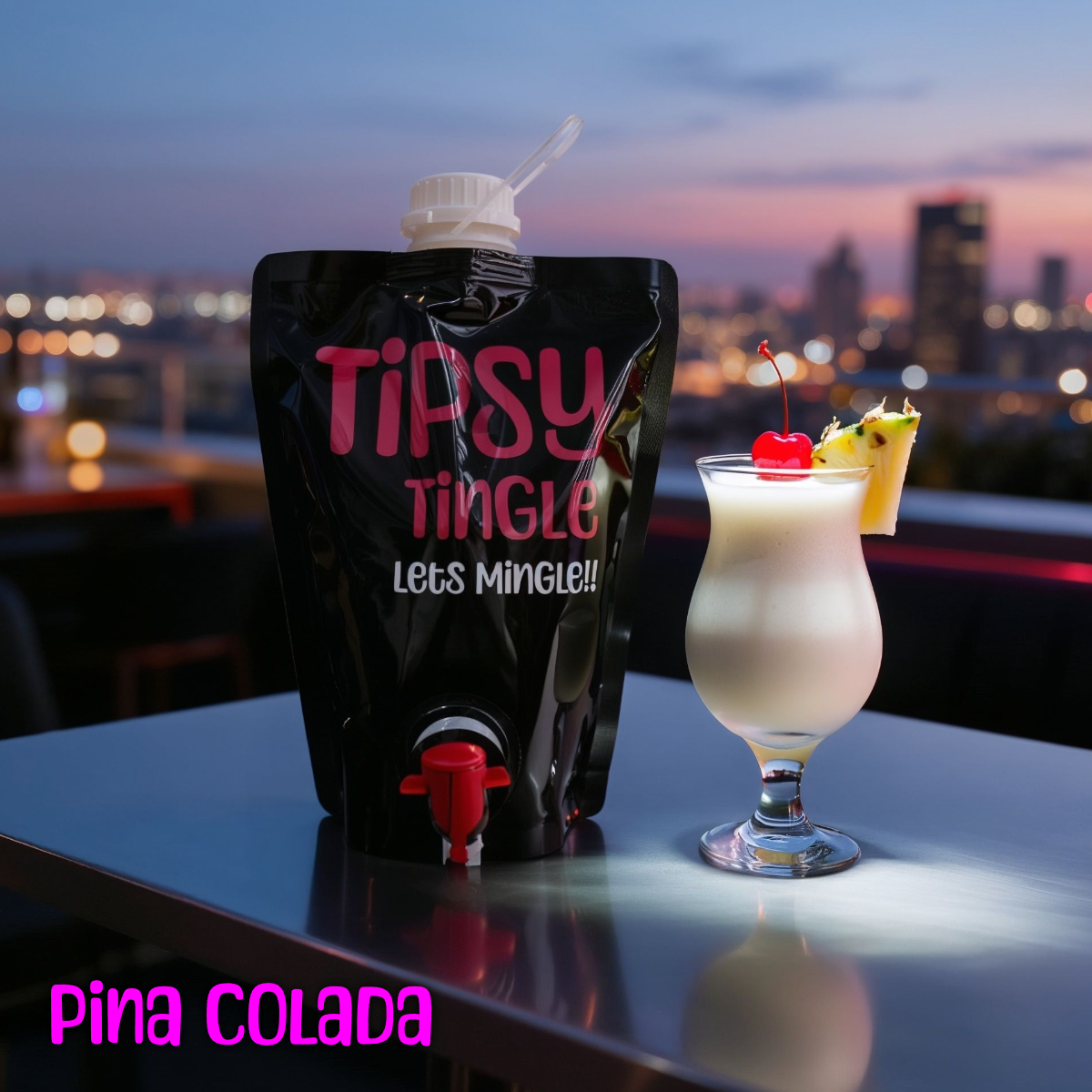 A cocktail drink garnished with a cherry and a pineapple slice, placed next to a black pouch labeled 'Tipsy Tingle Let's Mingle' with a spout, on a table against a cityscape sunset background.