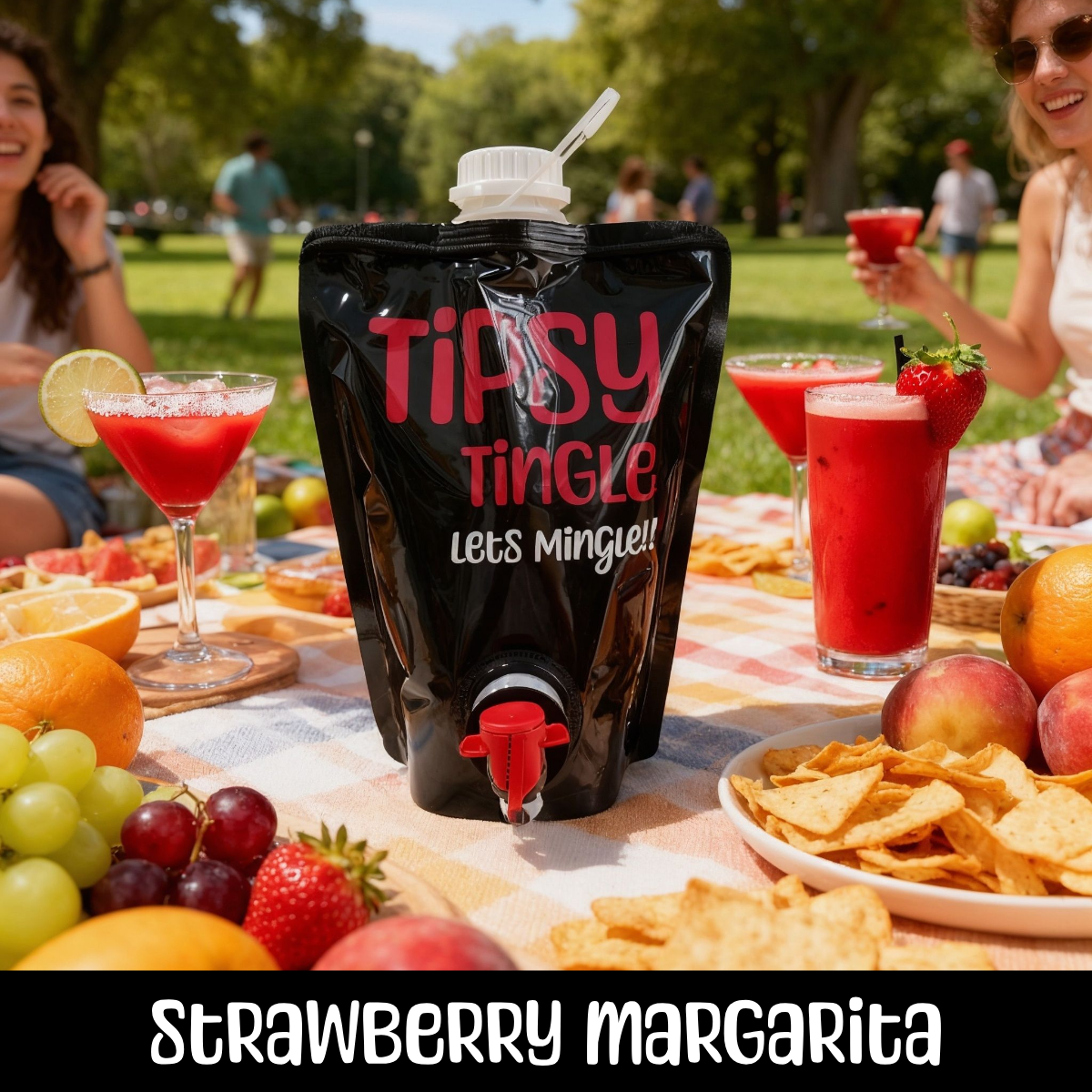 A strawberry margarita with a strawberry garnish on a picnic table with fruit, chips, and drinks, outdoors with people in the background.
