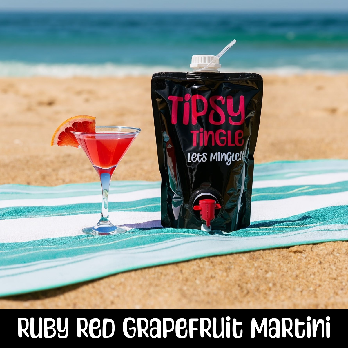A ruby red grapefruit martini with a grapefruit wedge garnish on a beach towel, with a black pouch labeled 'Tipsy Tingle' and a straw, on a sandy beach with the ocean in the background.