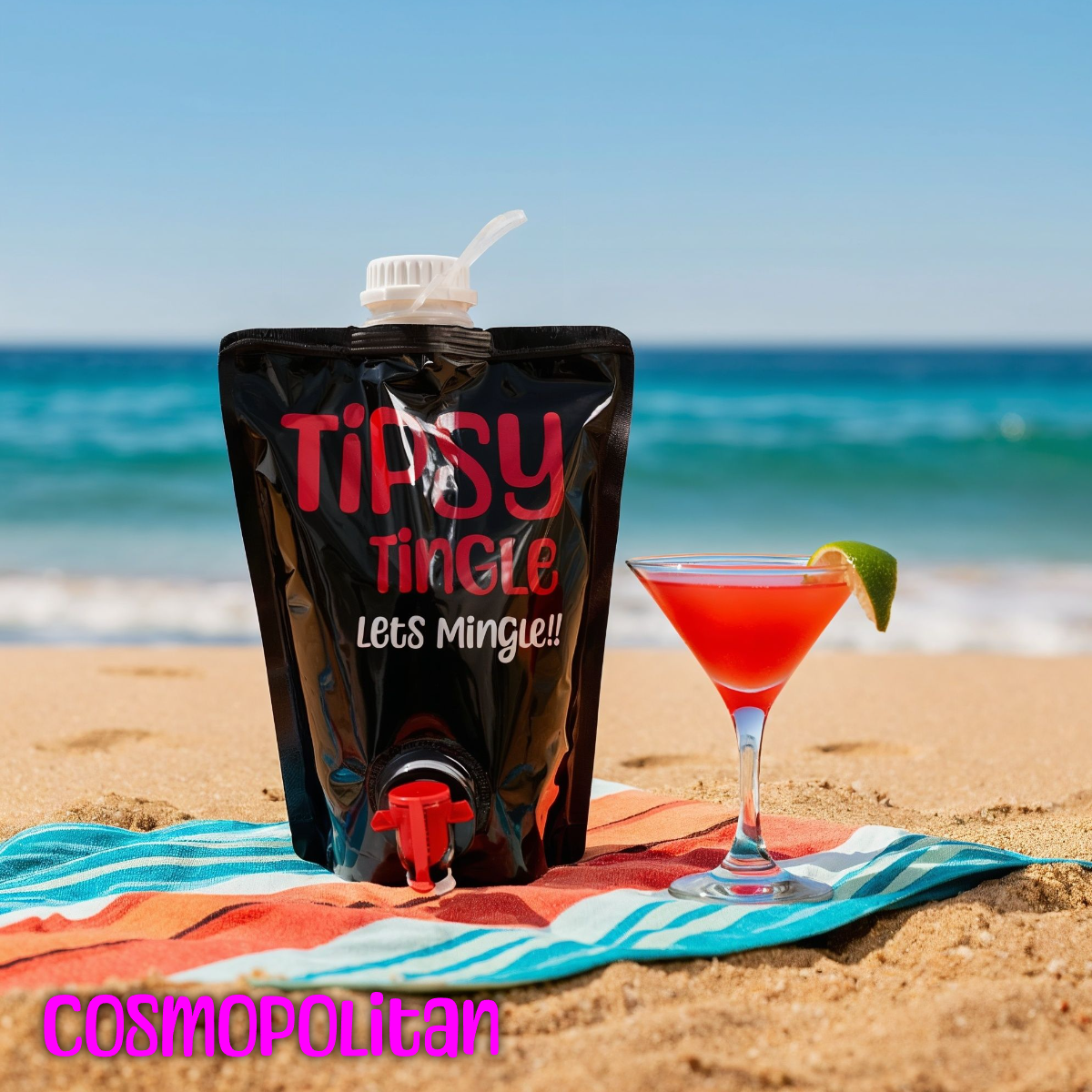 A black drink pouch labeled 'TIPSY TINGLE Let's Mingle' with a spout, placed on a beach towel next to a pink cocktail with a lime wedge, against the ocean and sky background.
