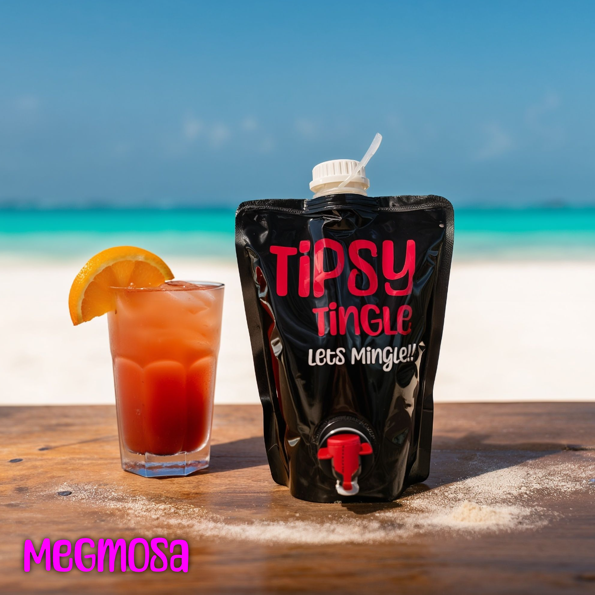 A tropical beach scene with a wooden table holding an orange-colored cocktail with a slice of orange on the rim and a black beverage pouch labeled 'Tipsy Tingle Let's Mingle' with a spout, set against the ocean and blue sky background.