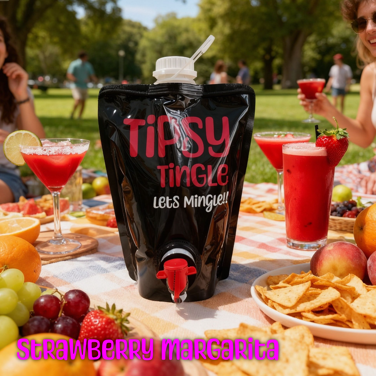 A picnic table with strawberries, grapes, oranges, and a plate of chips, featuring a large black pouch labeled 'Tipsy Tingle Let's Mingle!' with a spout, in a park on a sunny day, with people in the background holding drinks.
