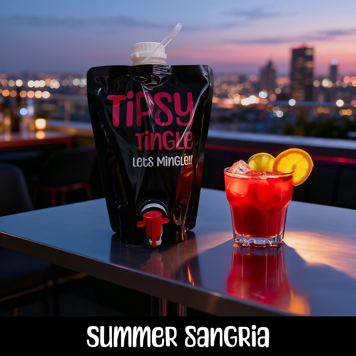 A black pouch labeled 'Tipsy Tingle Lets Mingle!!' with a spout, next to a glass of red sangria garnished with orange slices, on a rooftop table at sunset with city skyline in the background.