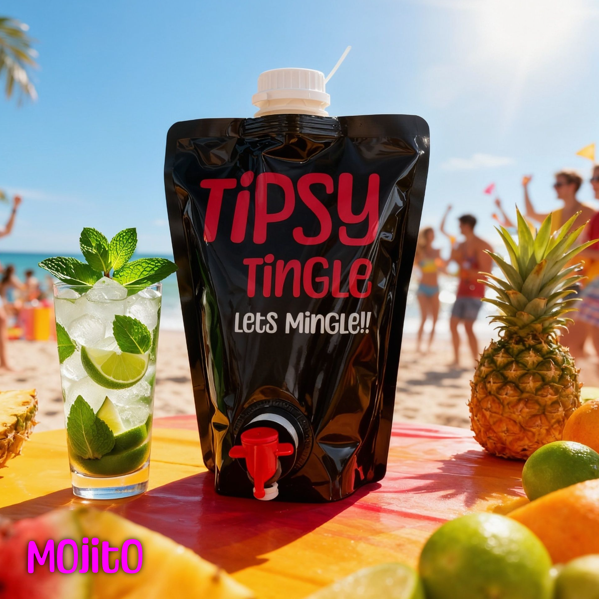 A black drink pouch labeled 'Tipsy Tingle, Let's Mingle!!' on a beach table with a pineapple, limes, and a mojito drink in the foreground, and people in swimwear enjoying a beach party in the background.