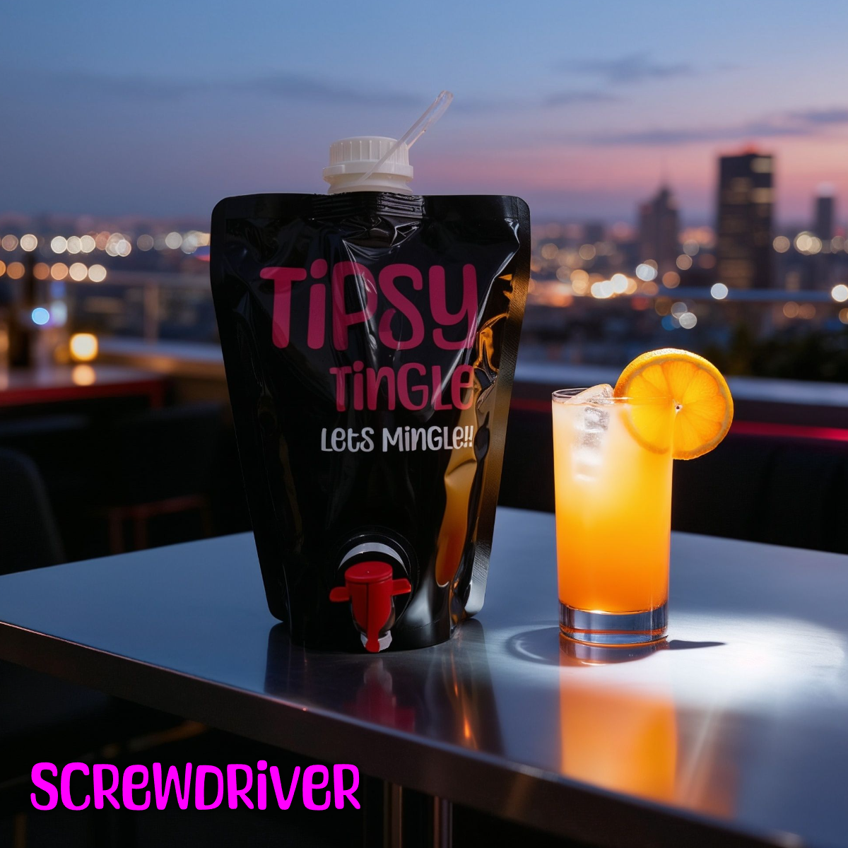 A black pouch labeled "TIPSY TINGLE Lets Mingle!!" with a spout is placed on a metallic table. Next to it is a tall glass filled with an orange drink, garnished with a lemon slice and ice. The background shows a cityscape at dusk.