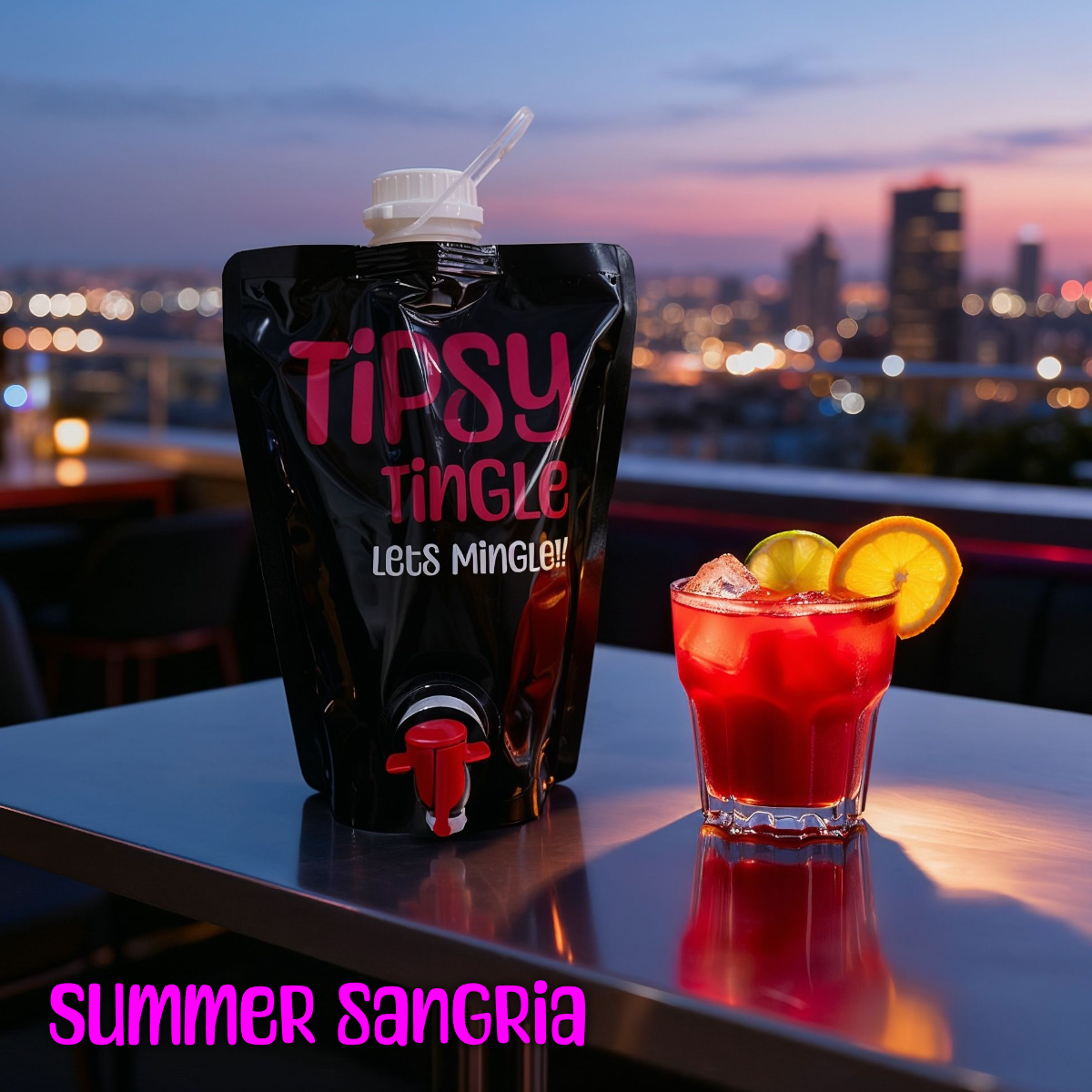 A cocktail glass filled with red sangria and garnished with orange and lemon slices on a reflective table, with a city skyline at dusk in the background. A black pouch labeled "Tipsy Tingle" is placed beside the glass.
