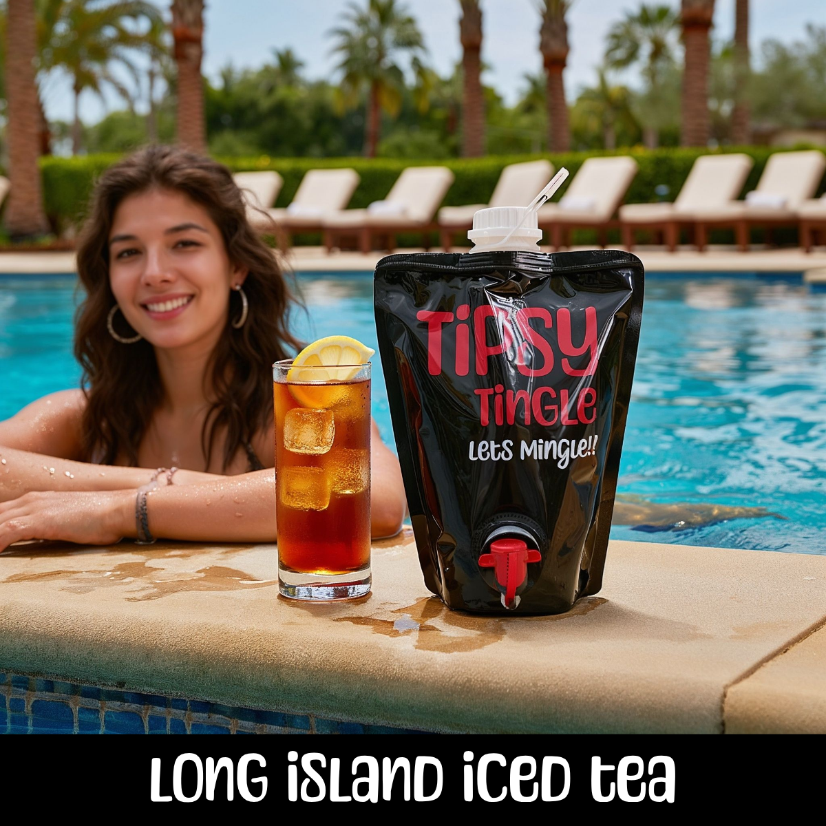 A woman relaxing in a swimming pool with a drink, sitting at the poolside with a Long Island Iced Tea and a black reusable container labeled "Tipsy Tingle" in front of her.