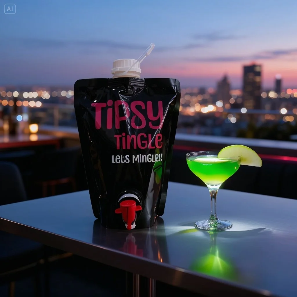 A black pouch labeled "Tipsy Tingle Let's Mingle!" with a spout stands on a table next to a cocktail glass filled with a bright green drink garnished with a slice of lime, with an urban skyline and sunset in the background.