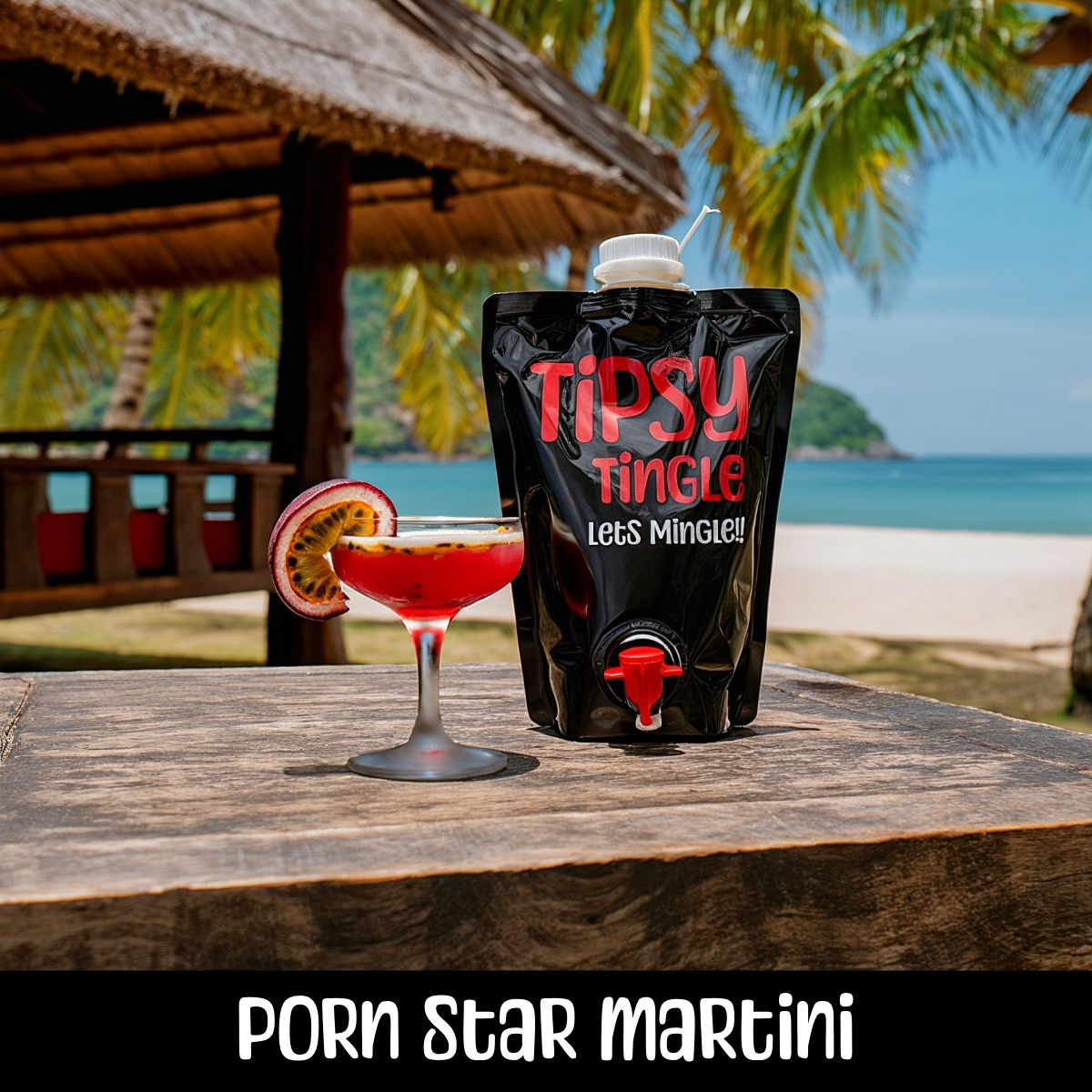 A tropical beach scene with a cocktail on a wooden table, featuring a passion fruit and a red beverage in a martini glass, with a black pouch labeled "Tipsy Tingle" in the background.