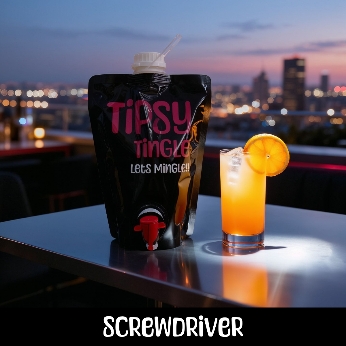 A plastic pouch labeled "Tipsy Tingle" with a built-in spout on a white table, next to a tall glass of orange-colored beverage with ice and a lemon slice, against a city skyline at sunset.