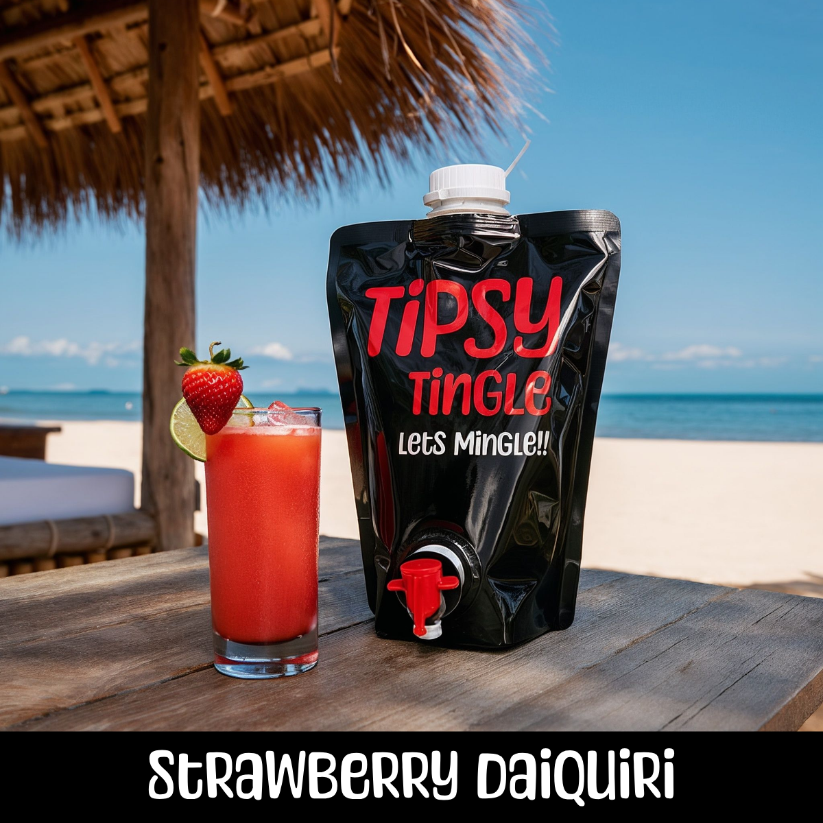 A glass of strawberry daiquiri garnished with a strawberry and a slice of lime, placed on a wooden table at the beach under a thatched umbrella.
