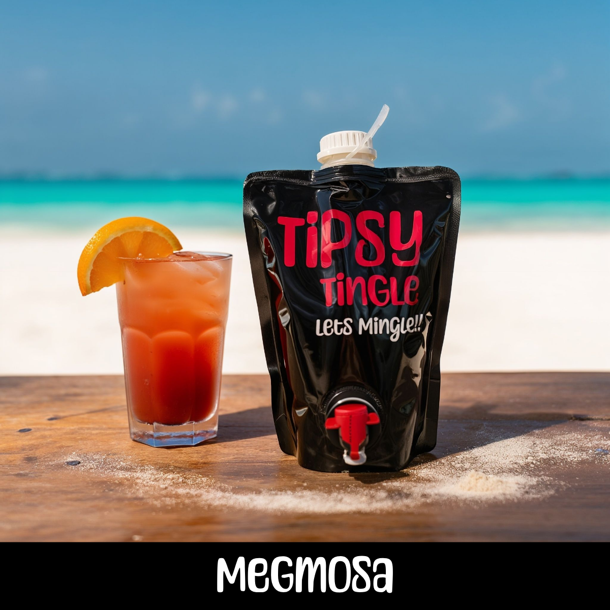 A tropical pink cocktail with an orange slice on the rim, placed next to a black pouch with pink and white text reading 'Tipsy Tingle Let's Mingle!!', on a wooden table at the beach with an ocean and blue sky background.