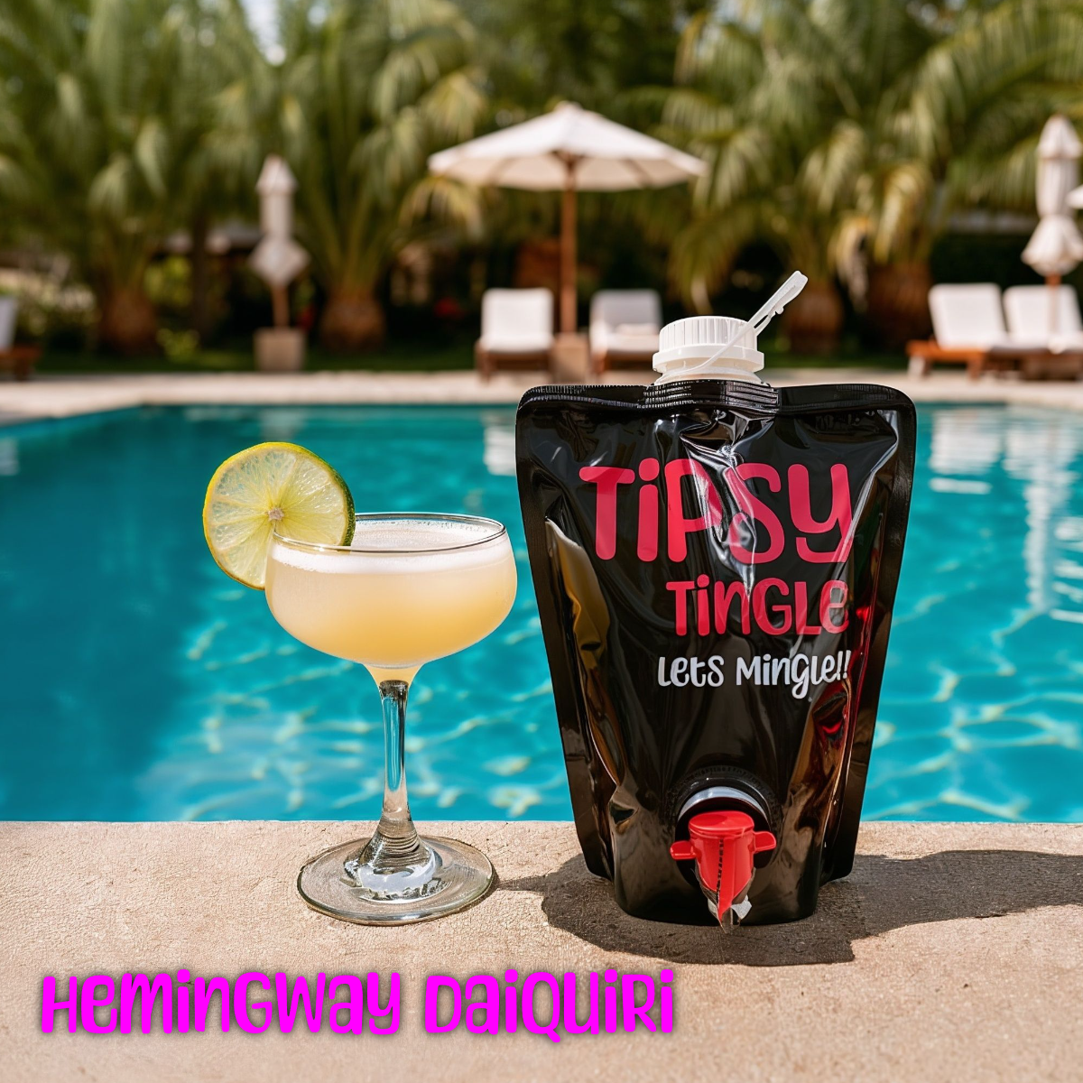 A cocktail with a lemon slice on the rim sits next to a black beverage pouch labeled "Tipsy Tingle, Let's Mingle!" by a swimming pool with lounge chairs and umbrellas in the background.