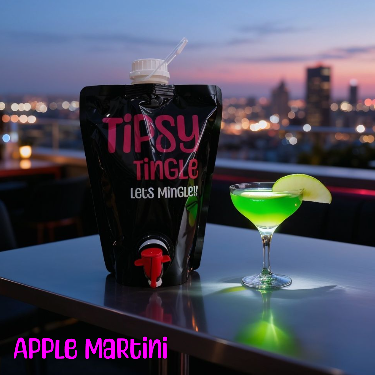 A black Tissy Tingle cocktail pouch with a spout and a cocktail glass filled with a bright green apple Martini garnished with a slice of green apple, on a table against a cityscape sunset background.