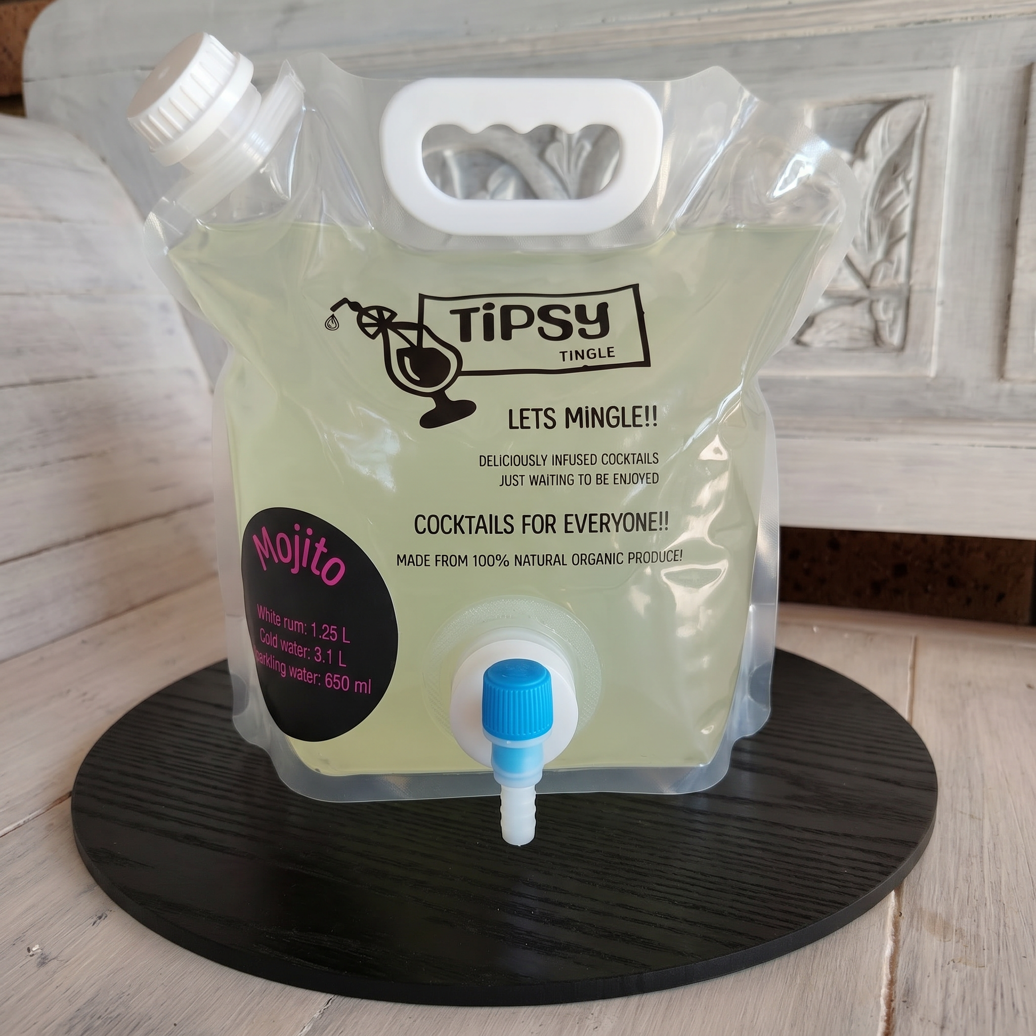 Tipsy Tingle Mojito Cocktail Mix in a 5L party bag for easy cocktails at home.